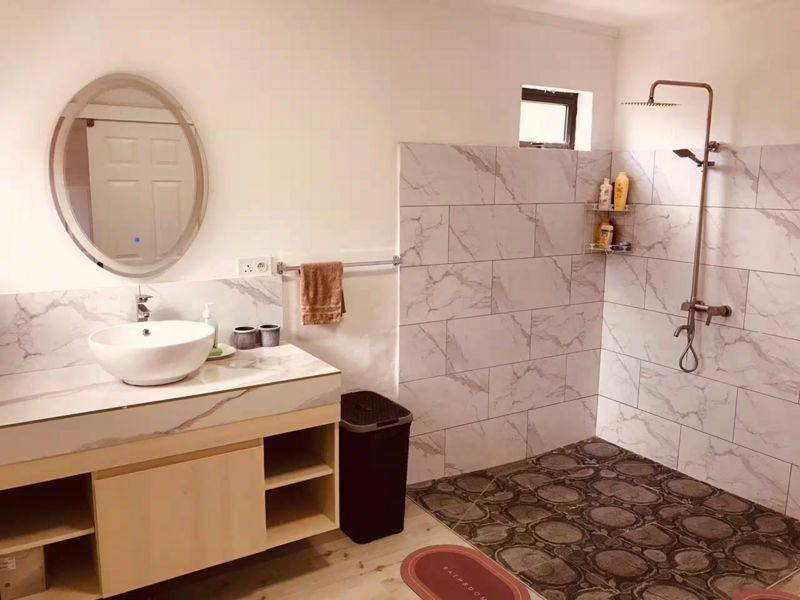 Bathroom with vessel sink, round mirror and walk-in shower